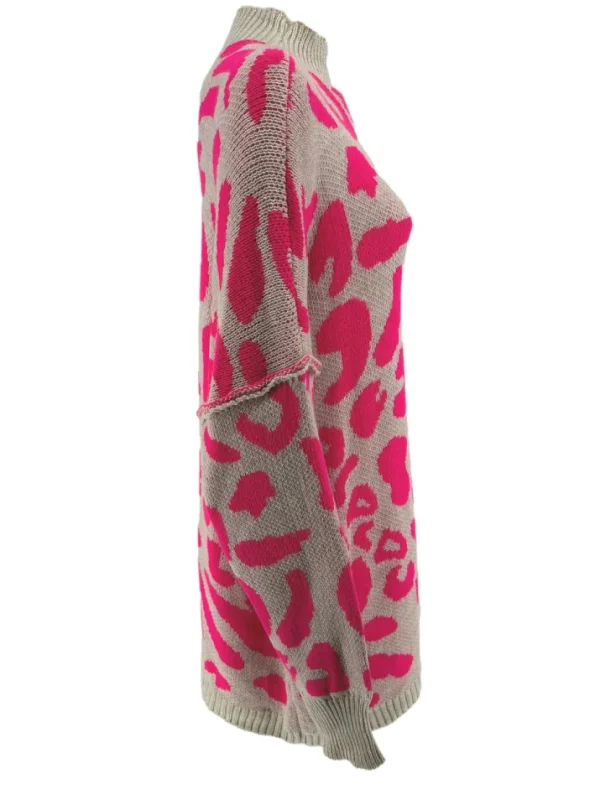 Tuniek met opstaande kraag en naad op de mouw panterprint fuchsia