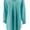 Uitlopende blouse met lange mouw en V-hals Wendy turquoise