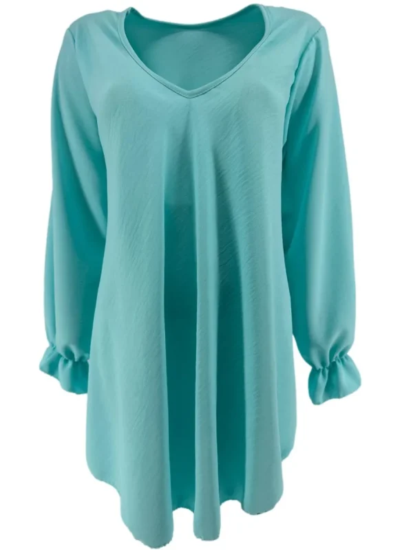 Uitlopende blouse met lange mouw en V-hals Wendy turquoise