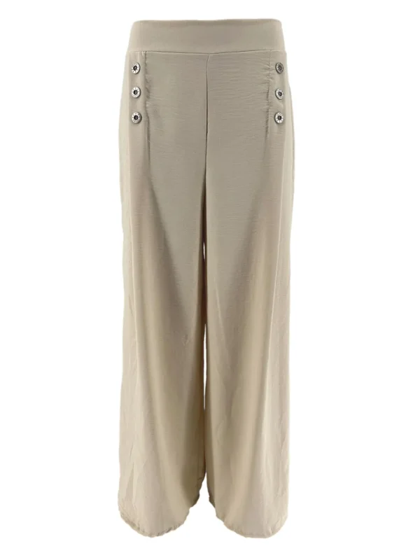Uitlopende broek met knoopjes op de plooi beige