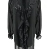 Voile blouse met knopen en pailletten ruffle Libby zwart