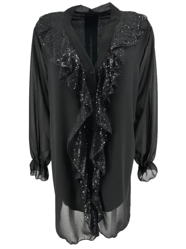 Voile blouse met knopen en pailletten ruffle Libby zwart