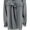 Voile blouse met lange mouw en ruffle langs de hals antraciet