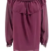 Voile blouse met lange mouw en ruffle langs de hals plum