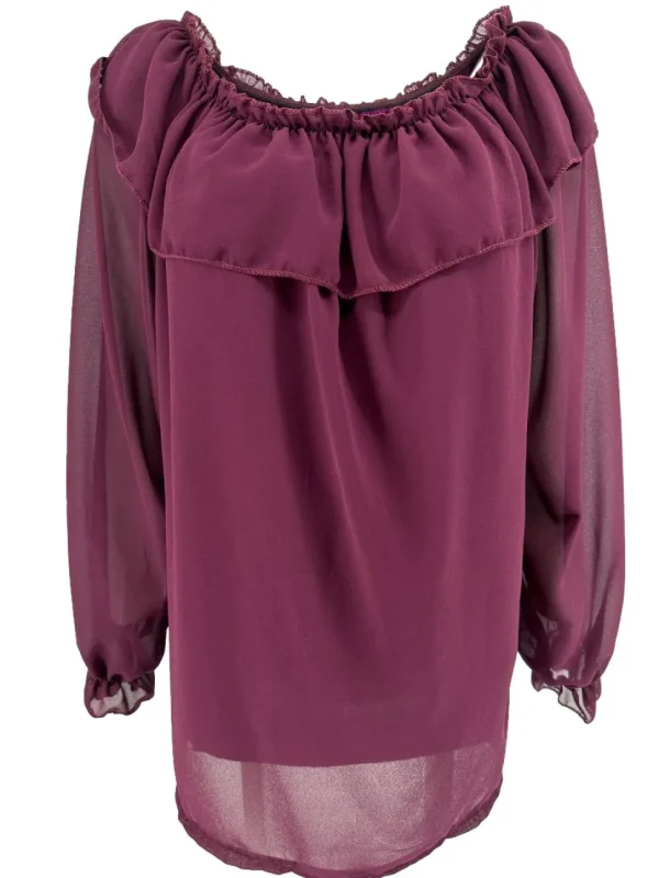 Voile blouse met lange mouw en ruffle langs de hals plum