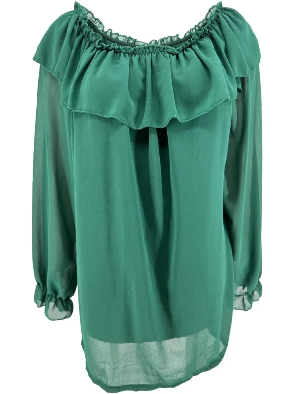 Voile blouse met lange mouw en ruffle langs de hals flessengroen SALE