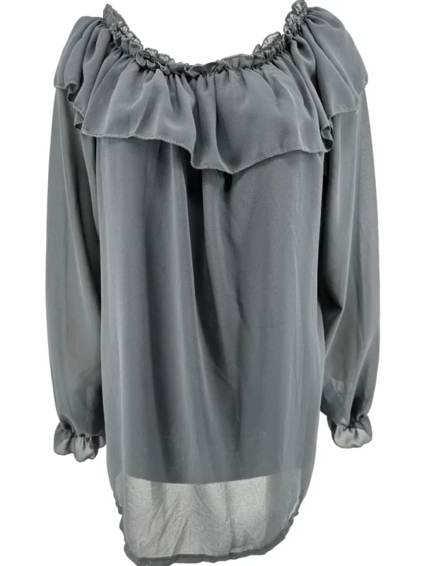 Voile blouse met lange mouw en ruffle langs de hals antraciet